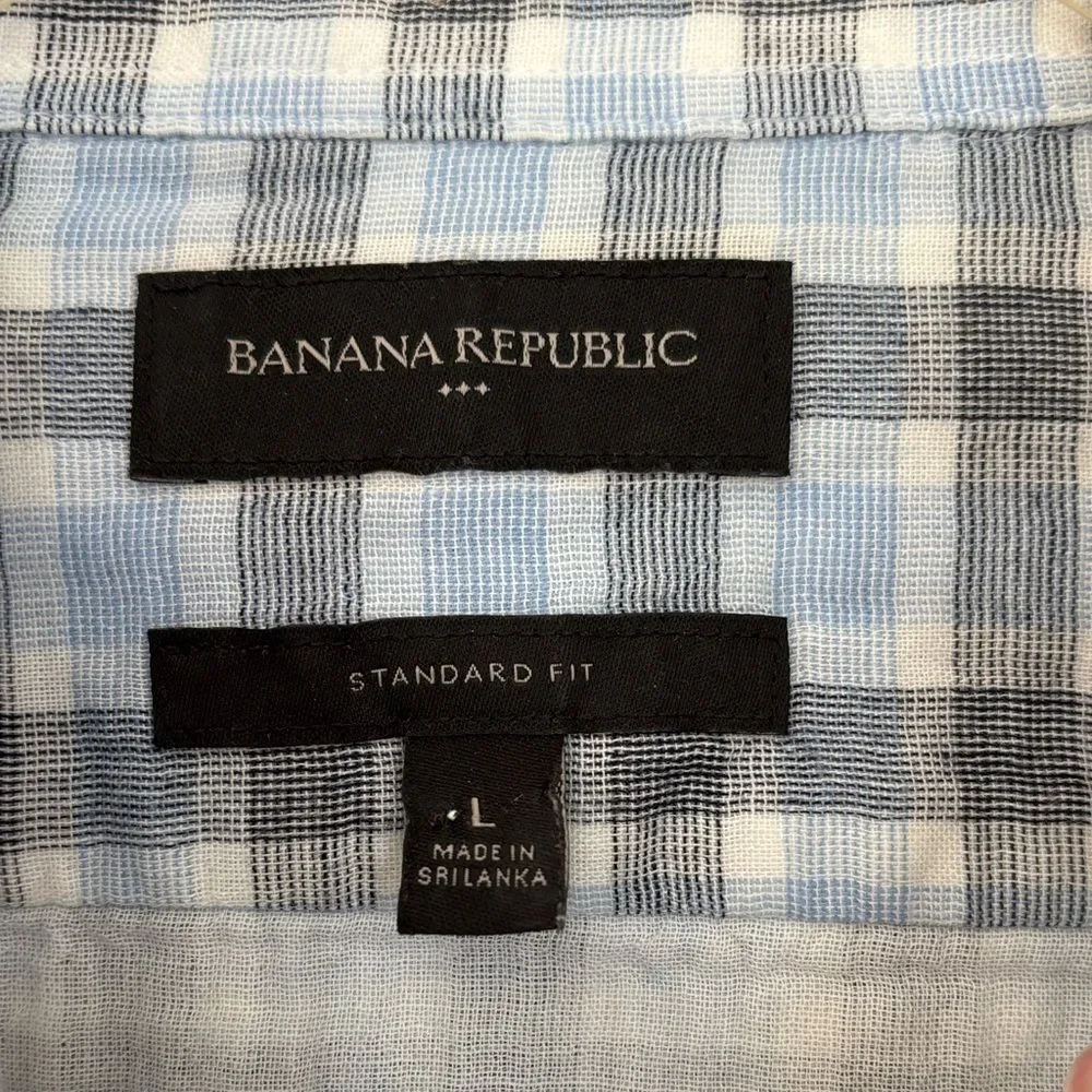 Banana Republic plaid men’s flannel blue black white button down Shirt large EUC